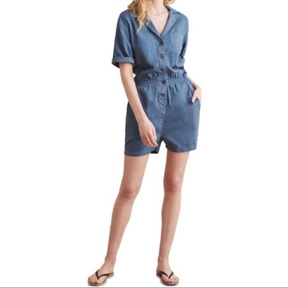 Faherty Teal Button-Up Romper - Picture 4 of 13